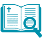 Clipart image of a bible and a magnifying glass representing Adventure in the Bible at The Church at Koloa.