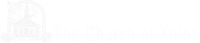 The Church at Koloa logo featuring white lettering and a line illustration of the historical church building.